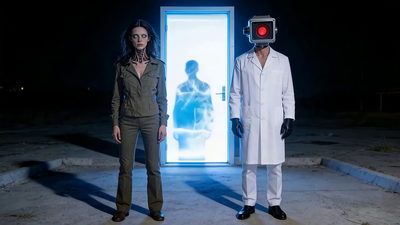 Two figures flanking a lit doorway in a dark lot at night: a woman in an olive military jacket with glowing electric-blue eyes, and a figure in a white lab coat and black gloves whose head is a camera with one red lens; a spectral blue figure passes through the doorway between them