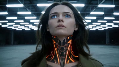 Close portrait of Cypher looking up under hangar fluorescents, the implants at her throat lit molten orange