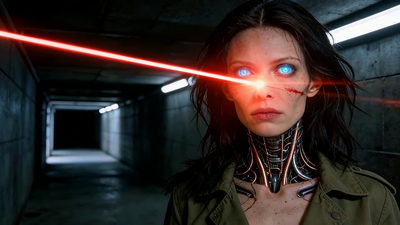 Head-on portrait of Cypher in a concrete tunnel, a red scanning laser drawn across her eyes, the wire implants bright at her throat