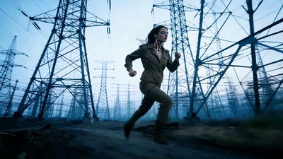 Cypher running through a forest of steel transmission pylons under a pale blue sky
