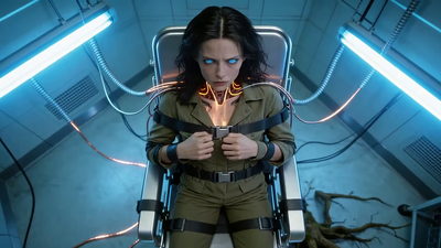 Cypher strapped into a chair with cables run into her throat and chest, unbuckling the harness herself