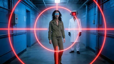 A woman in an olive military jacket with glowing electric-blue eyes and copper wire threaded into her neck, standing inside a red targeting reticle; behind her a figure in a white lab coat whose head is a camera with one red lens