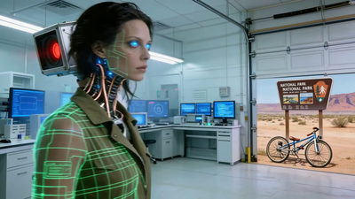A green scan grid projected over Cypher, a camera-head at her shoulder, a desert National Park sign visible through the open bay door