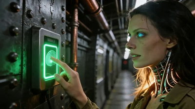 Cypher in profile pressing a finger to a green-lit fingerprint reader, the same green light running along the implants at her neck