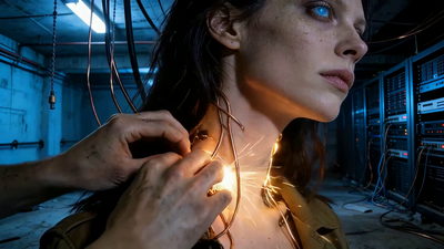 Hands fitting copper wire into the implants in Cypher's neck, sparks at the contact point, server racks behind her