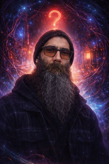 Jacoboon: a bearded man in a dark beanie and tinted glasses, wearing a heavy flannel shirt, standing before a field of violet and orange filaments with a red question mark glowing above his head