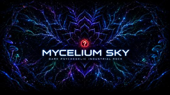Mycelium Sky banner: symmetrical cyan and violet neural mycelium radiating through a black void, a red question-mark sigil at its heart
