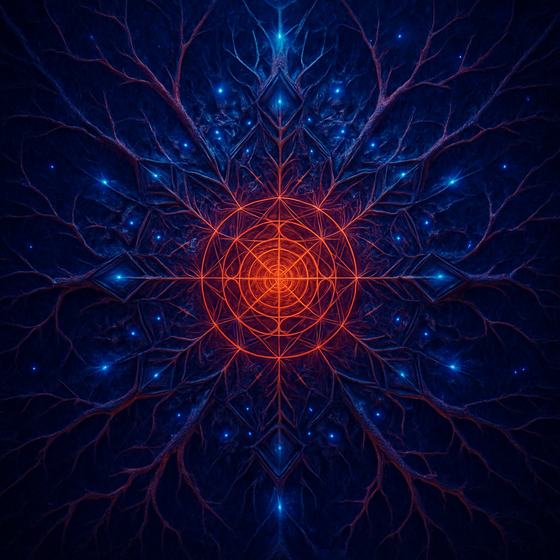 A symmetrical lotus of dark indigo root filaments studded with blue star-points, radiating from concentric rings of orange-red light