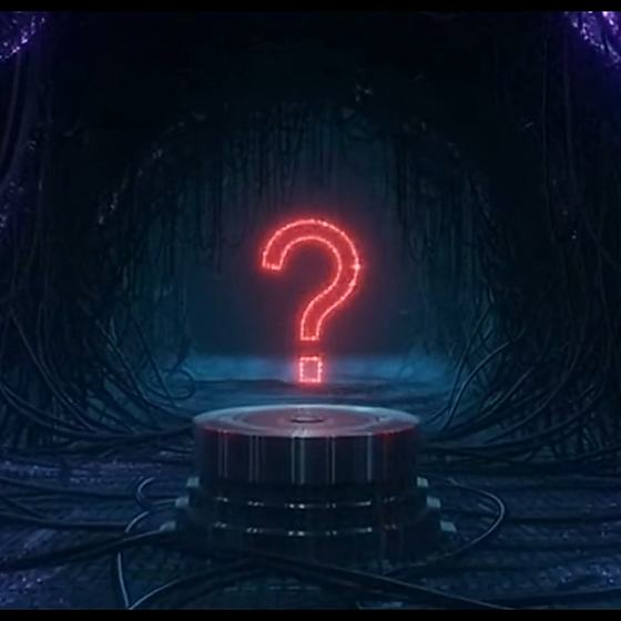 A glowing red question mark hovering above a dark machine plinth wound with cables