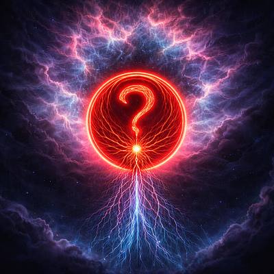 A glowing red question mark ringed by violet lightning, roots of blue light descending beneath it. Cover art for Asking Questions.