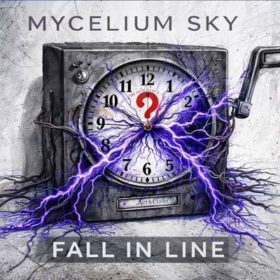 A pocket watch split by violet lightning, a red question mark where its centre should be. Cover art for Fall in Line.