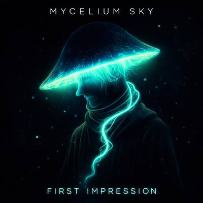 A hooded figure whose head is a luminous green mushroom cap, against black. Cover art for First Impression.