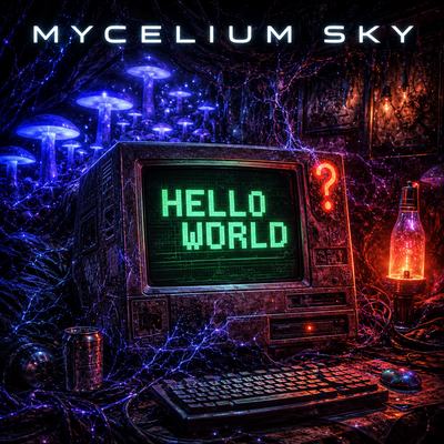 Hello World album cover by Mycelium Sky &mdash; a living fungal network surrounding a vintage computer displaying HELLO WORLD.