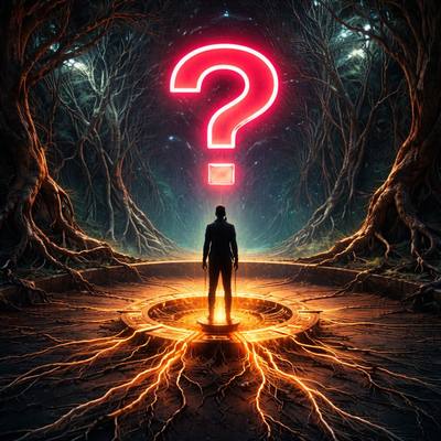 A figure on a glowing stump in a dark forest, beneath an enormous red question mark. Cover art for Lie to Me.