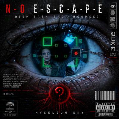 A close human eye overlaid with green targeting brackets and surveillance readouts. Cover art for No Escape.