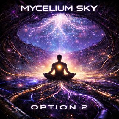 A figure seated in lotus position beneath a violet bloom of light, roots trailing below. Cover art for Option 2.