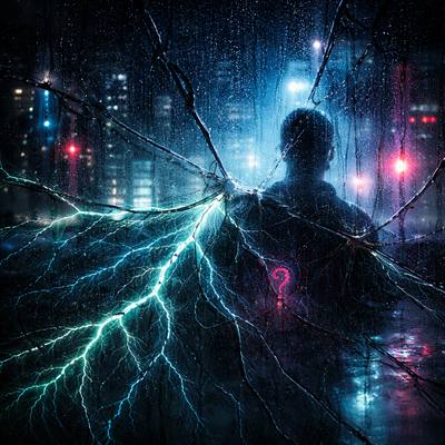 A silhouette behind rain-streaked glass in a neon city, cyan lightning branching across the pane. Cover art for Roots on the Glass.