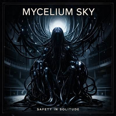 A seated figure wrapped in long black tendrils beneath a pale halo. Cover art for Safety in Solitude.