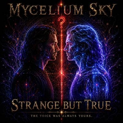 Two faces in profile facing each other, one red and one blue, split by a vertical red line. Cover art for Strange but True.