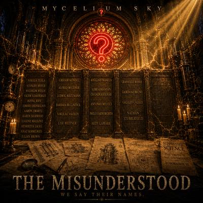 An open ledger of names in a candlelit hall beneath a red rose-window sigil. Cover art for The Misunderstood.
