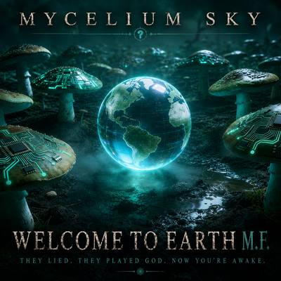 The Earth as a glowing orb resting among towering bioluminescent mushrooms. Cover art for Welcome to Earth M.F..