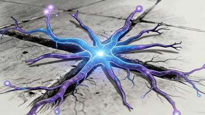 A violet neuron branching like mycelium across cracked ground