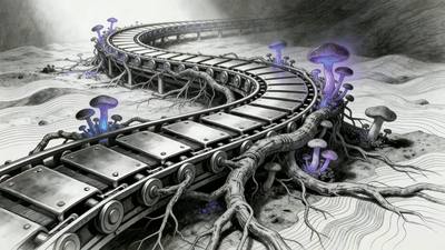 Pen-and-ink conveyor belt overgrown with mushrooms and roots