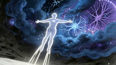 A figure of light stepping into a field of blue neural blooms