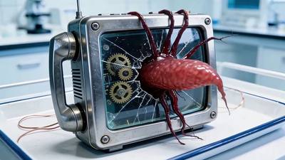 A red biomechanical heart wired inside a steel machine housing