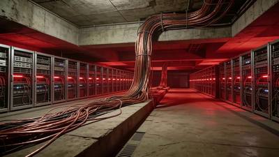 A corridor of red cables curving through a concrete archive