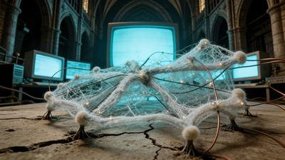 Pale mycelium webbing strung across a bank of glowing CRT monitors