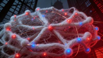 A dense white fungal network studded with red and blue light nodes