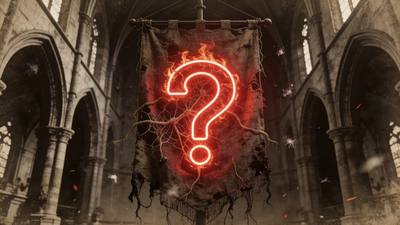 A vast red neon question mark burning in a ruined cathedral