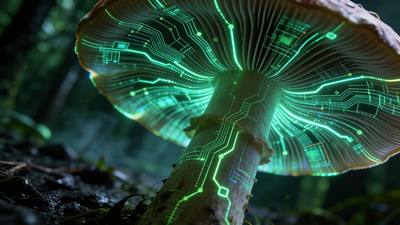 A green bioluminescent mushroom with circuit traces running through its cap