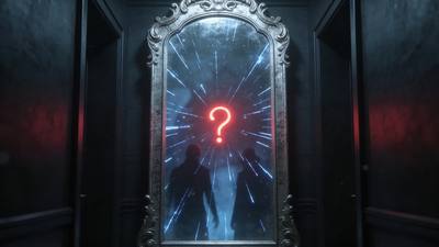 An ornate mirror in a dark chamber holding a red question-mark sigil