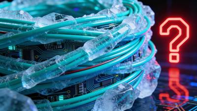 A coil of glowing cyan cables beside a floating red question mark