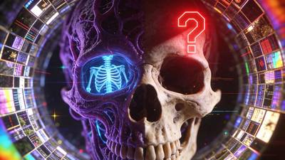 A skull inside a violet mandala of stained-glass light, red sigil above