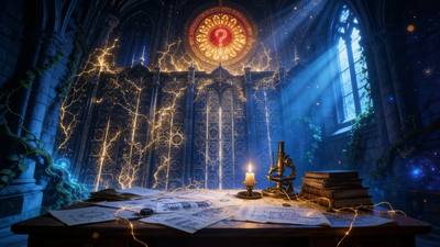 A cyber-alchemical library lit by lightning and candlelight