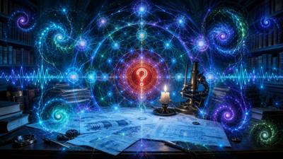 A desk of open books beneath a blue mandala of spiralling light