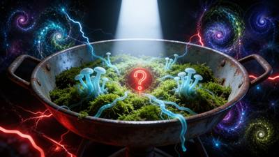 Glowing blue-green mycelium growing in a pan, a red sigil at its centre