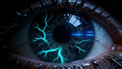 A close eye threaded with cyan veins of light