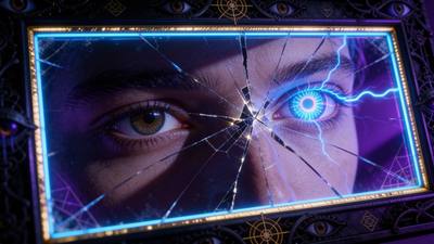 A cracked mirror reflecting a pair of eyes, one iris glowing blue