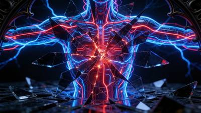 A figure rendered as a red and blue nervous system against black